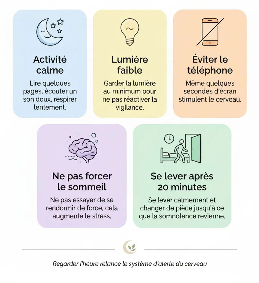 Infographie expliquant quoi faire en cas de réveil nocturne : activité calme, lumière faible, éviter le téléphone, ne pas forcer le sommeil, se lever après 20 minutes.