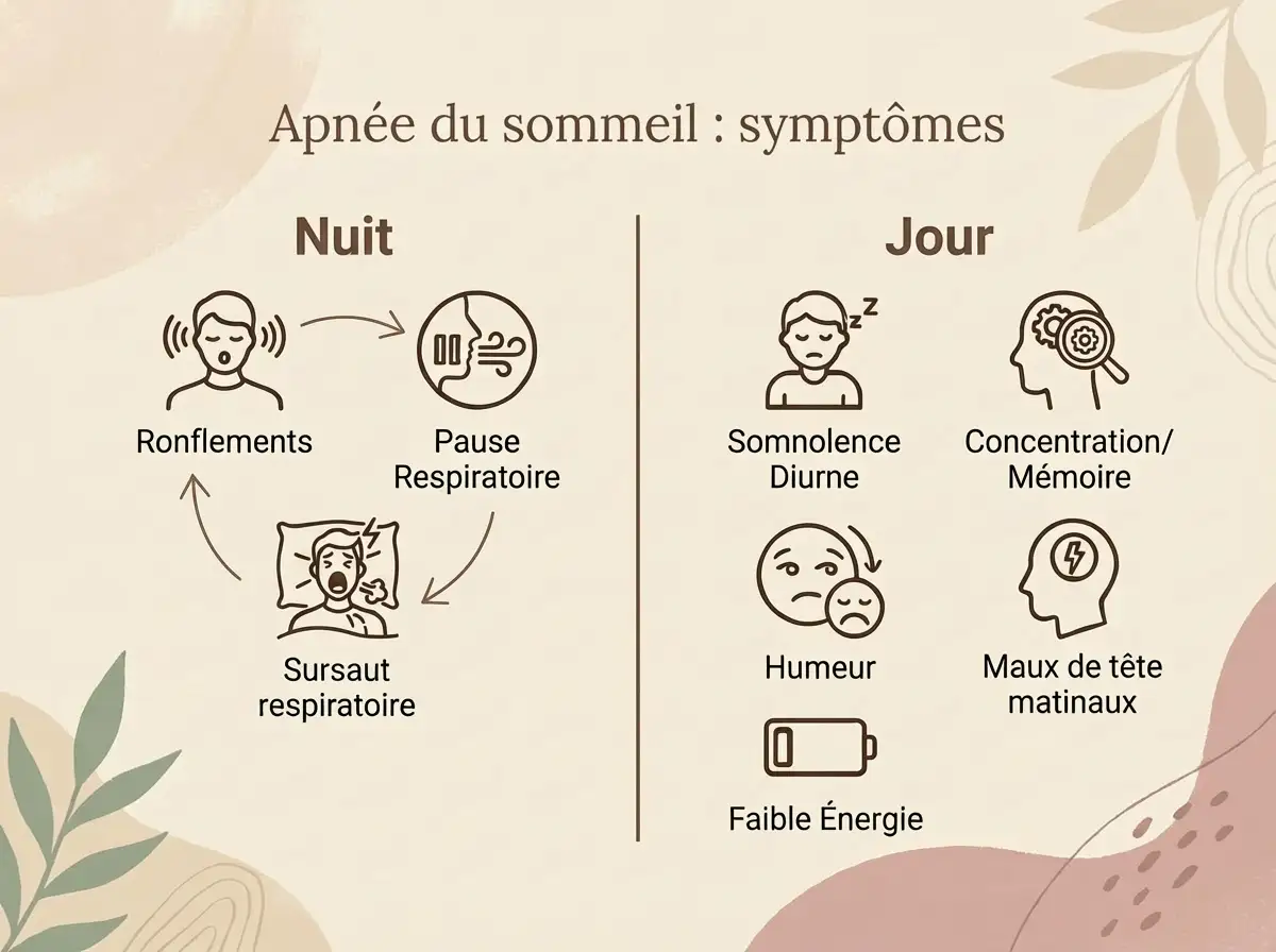 Schéma des symptômes de l’apnée du sommeil, la nuit et en journée