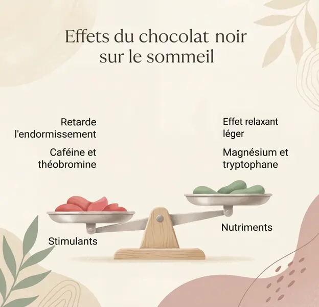 Infographie montrant l’effet du chocolat noir sur le sommeil, avec une balance comparant les stimulants comme la caféine et la théobromine aux nutriments relaxants tels que le magnésium et le tryptophane.