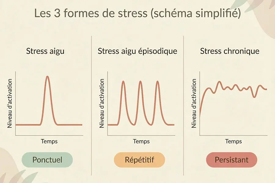 Infographie montrant les trois formes de stress (aigu, aigu épisodique et chronique) avec leur évolution dans le temps