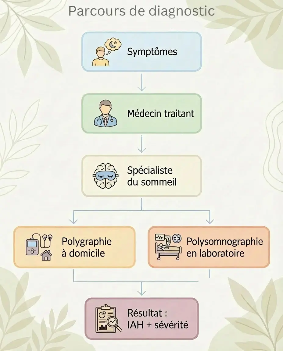 Infographie du parcours de diagnostic de l’apnée du sommeil, du médecin traitant à la polygraphie ou la polysomnographie.