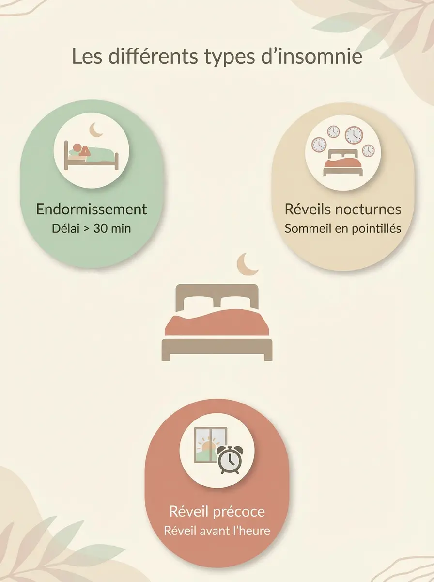 Schéma illustrant les trois principaux types d’insomnie : difficulté d’endormissement, réveils nocturnes et réveil précoce
