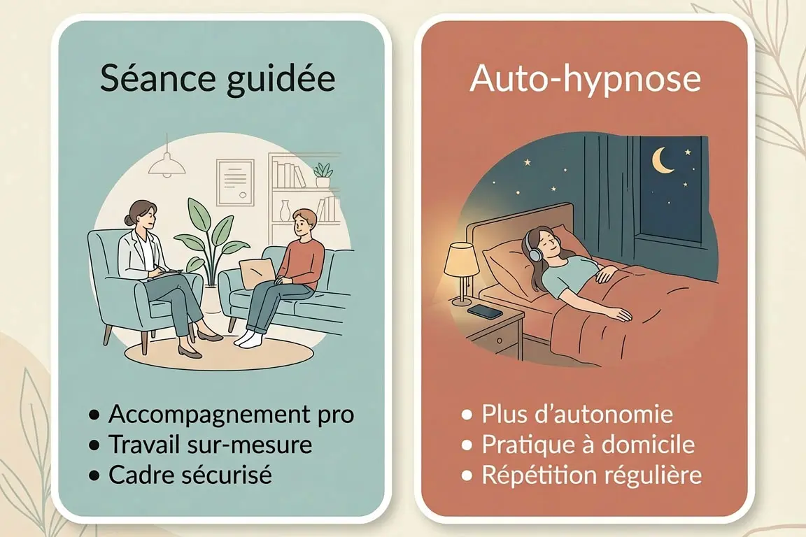 Illustration comparant une séance d’hypnose guidée avec un thérapeute et l’auto-hypnose au lit pour améliorer le sommeil.