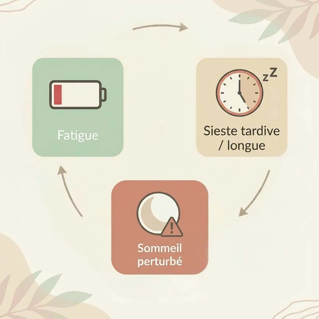 Infographie sur les inconvénients de la sieste : une sieste tardive ou trop longue peut perturber le sommeil et entretenir la fatigue.