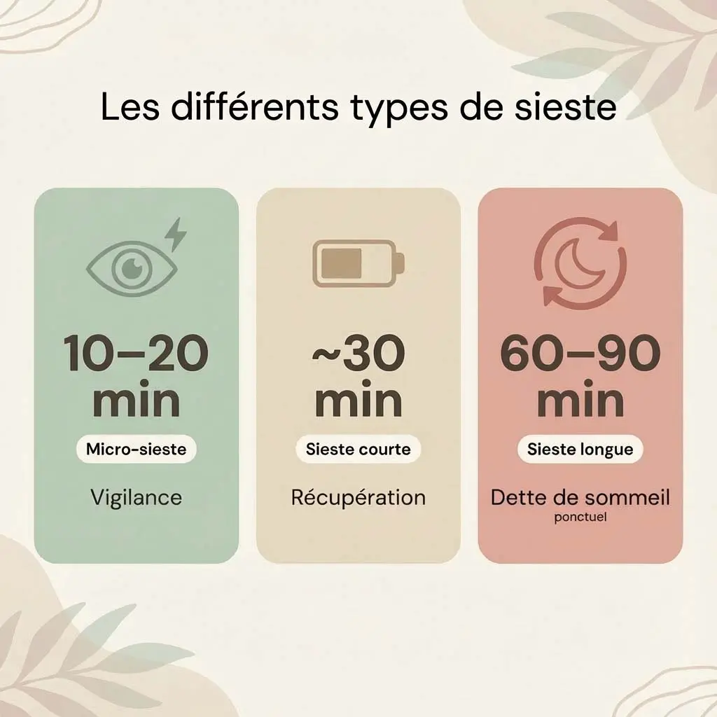 Infographie des différents types de sieste : micro-sieste 10–20 min (vigilance), sieste ~30 min (récupération), sieste longue 60–90 min (dette de sommeil).