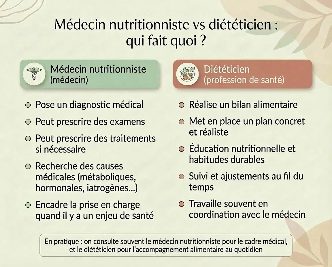 Infographie comparant le rôle du médecin nutritionniste et du diététicien