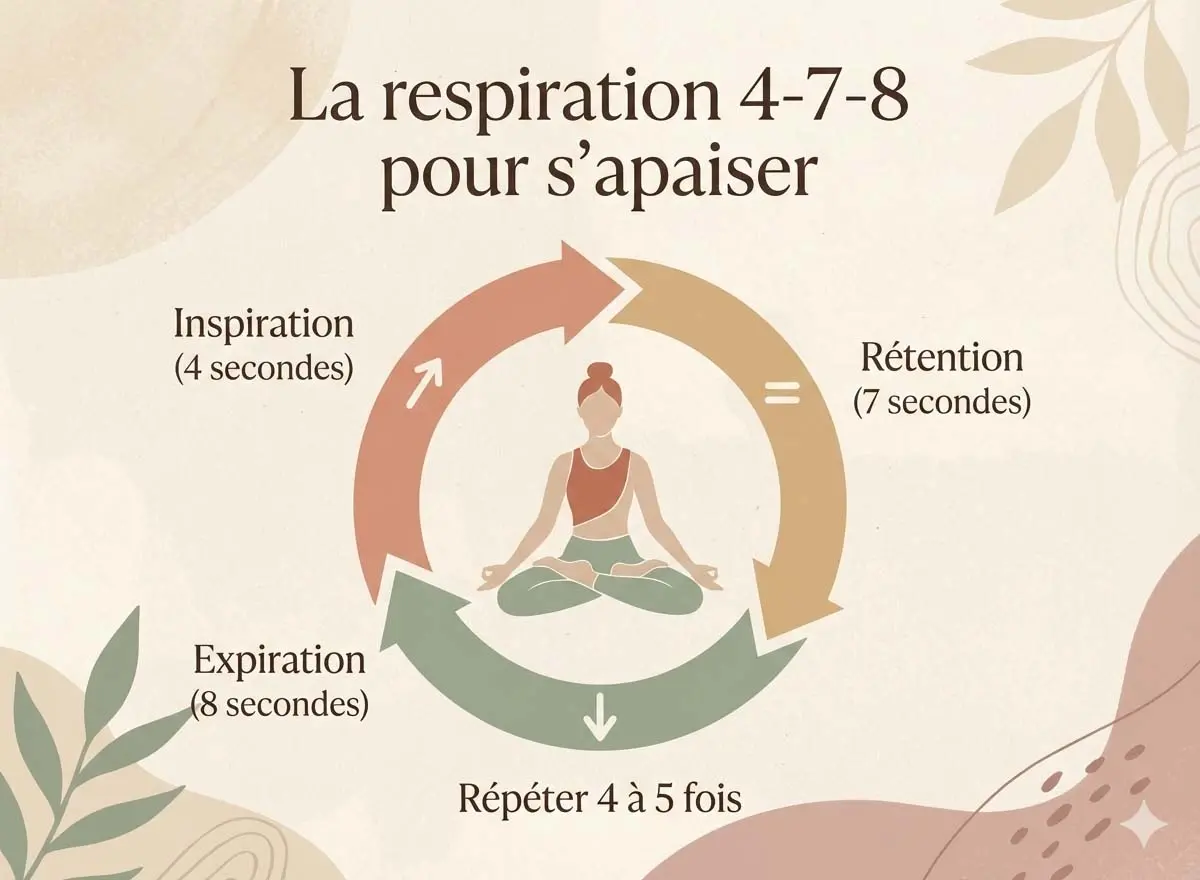 Schéma explicatif de la méthode de respiration 4-7-8 (inspiration 4s, rétention 7s, expiration 8s) pour calmer une crise d'angoisse nocturne et s'endormir.
