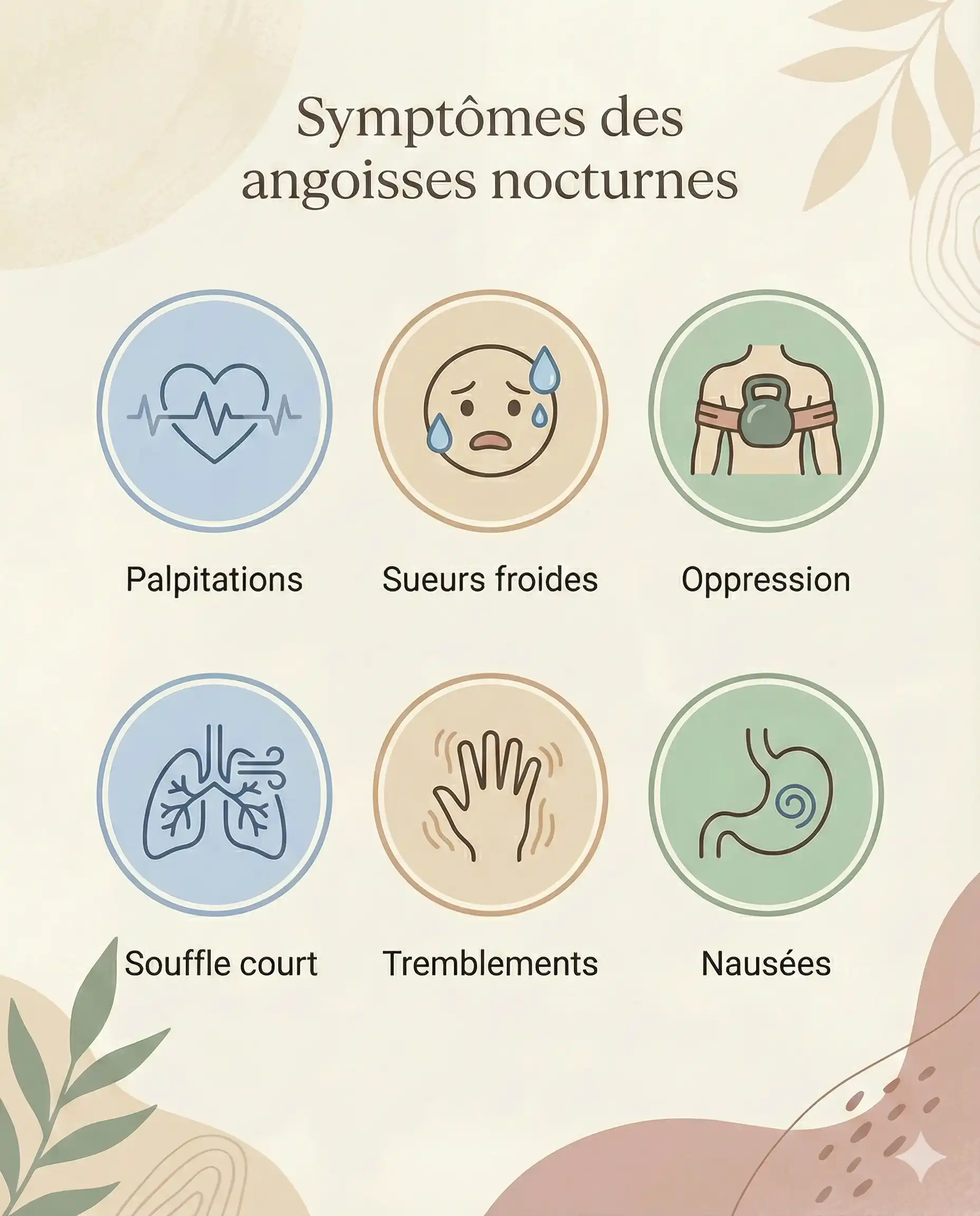 Infographie illustrant les 6 symptômes physiques principaux d'une crise d'angoisse nocturne : palpitations, sueurs froides, oppression thoracique, souffle court, tremblements et nausées.